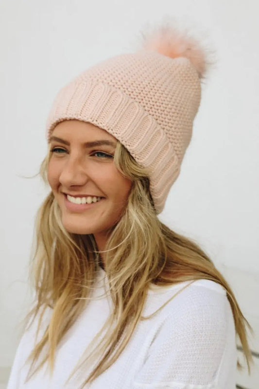 Pom Beanie with Faux Sherpa Lining knit winter hat in Pink
