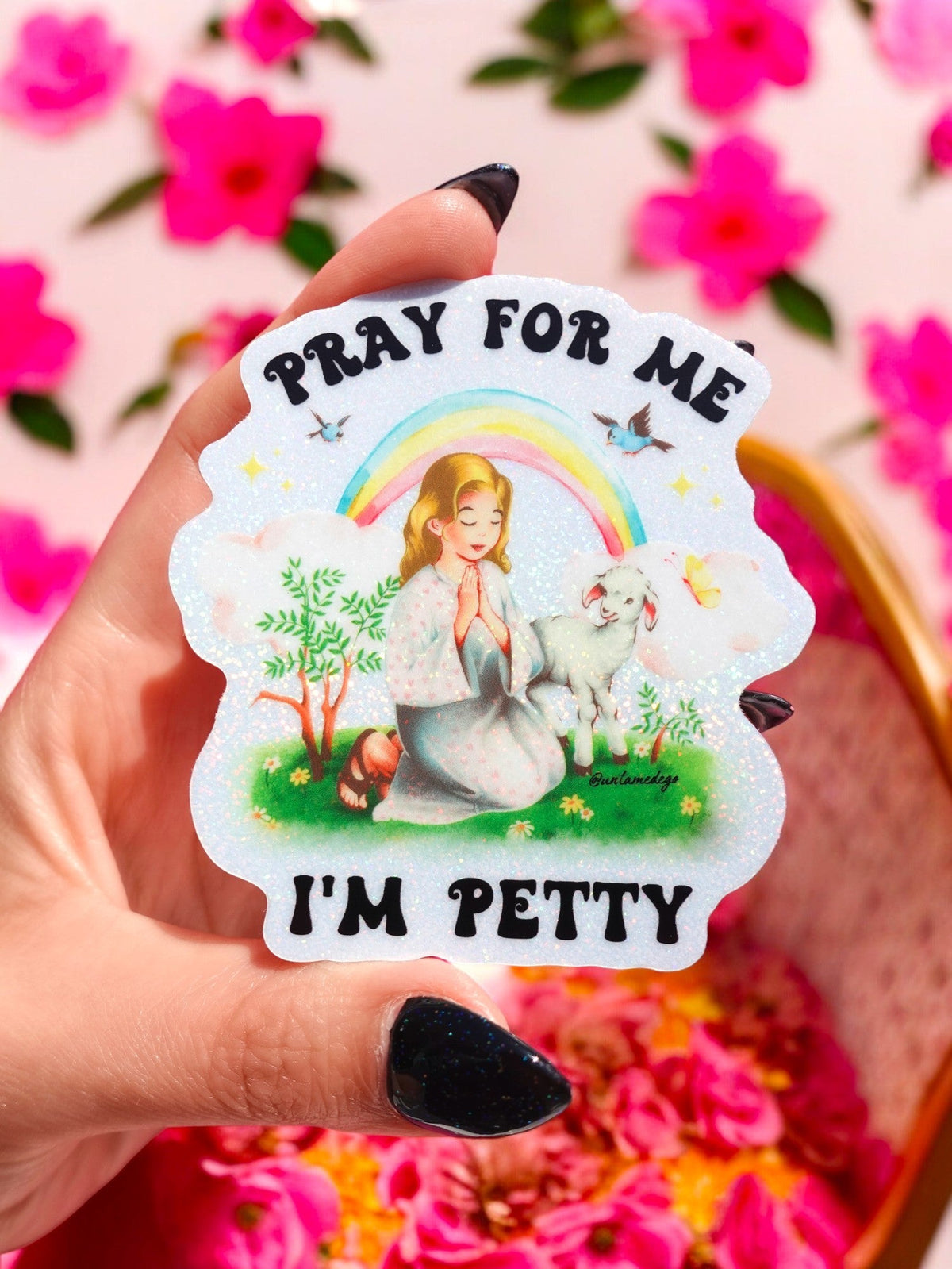 Funny Petty prayer sticker: angel with rainbow, rabbits, and text design