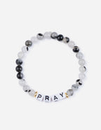 Elevated Faith Christian Jewelry Bracelet featuring 'PRAY' letters with gray and black beads