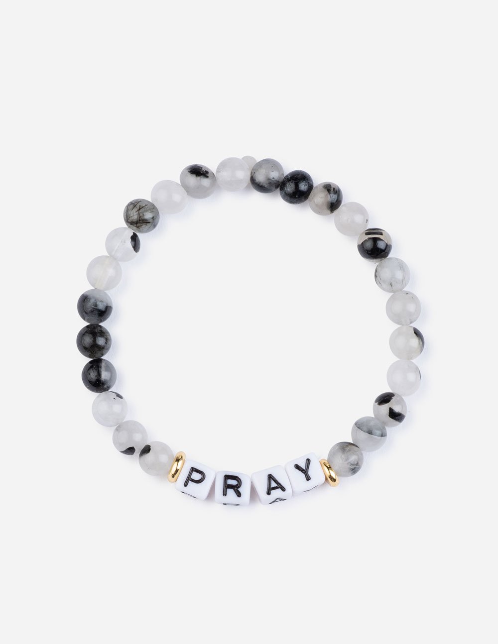 Elevated Faith Christian Jewelry Bracelet featuring 'PRAY' letters with gray and black beads