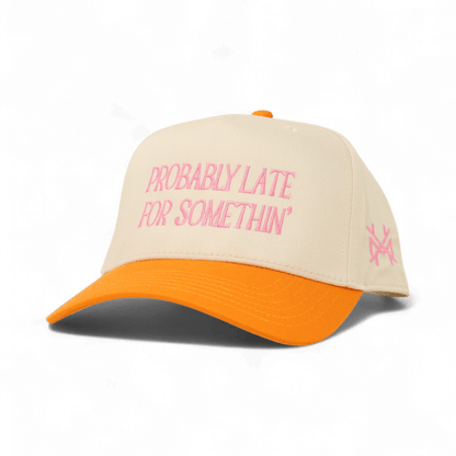 Probably Late Funny Embroidered Snapback Hat in Retro Orange/Natural – Ivy + Cloth