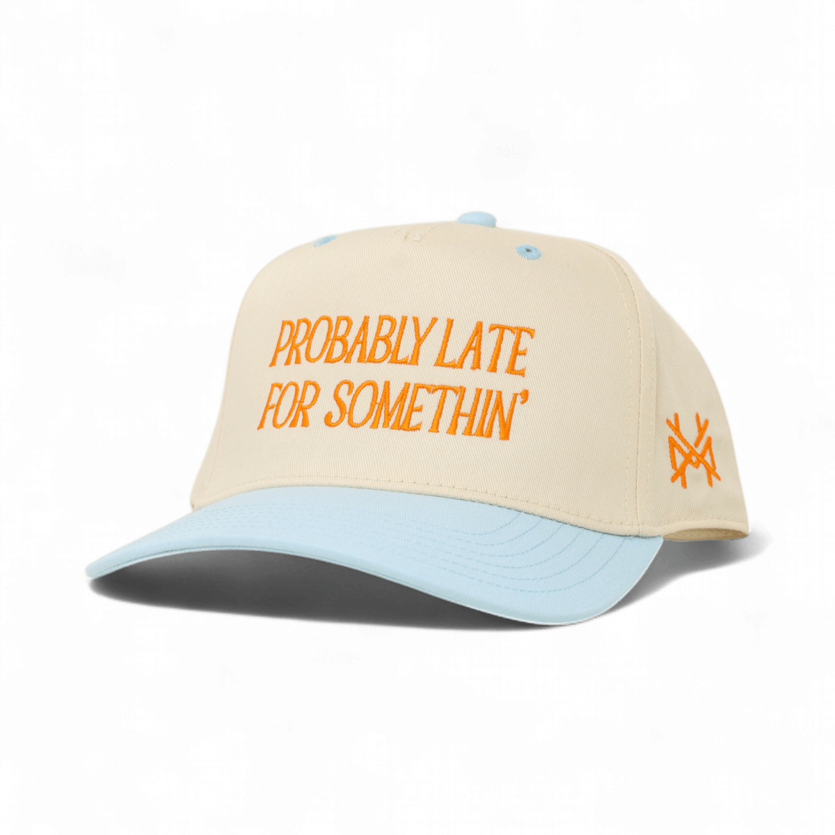 Probably Late Funny Embroidered Snapback Hat in Retro Powder Blue/Natural – Ivy + Cloth