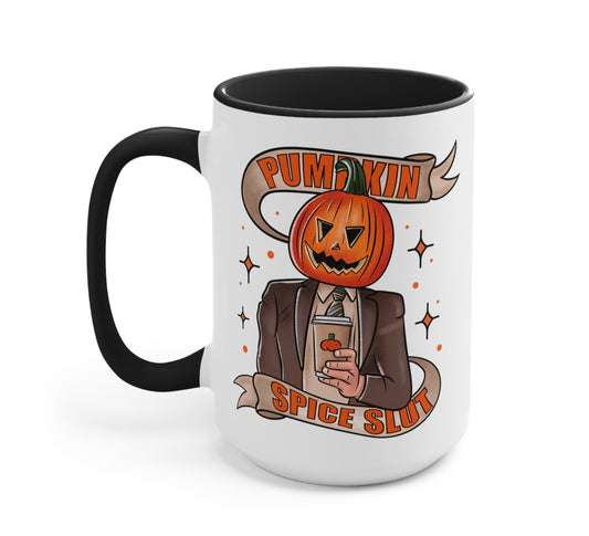 Funny "Pumpkin Spice Slut" — White ceramic mug with black handle and Halloween pumpkin spice graphic