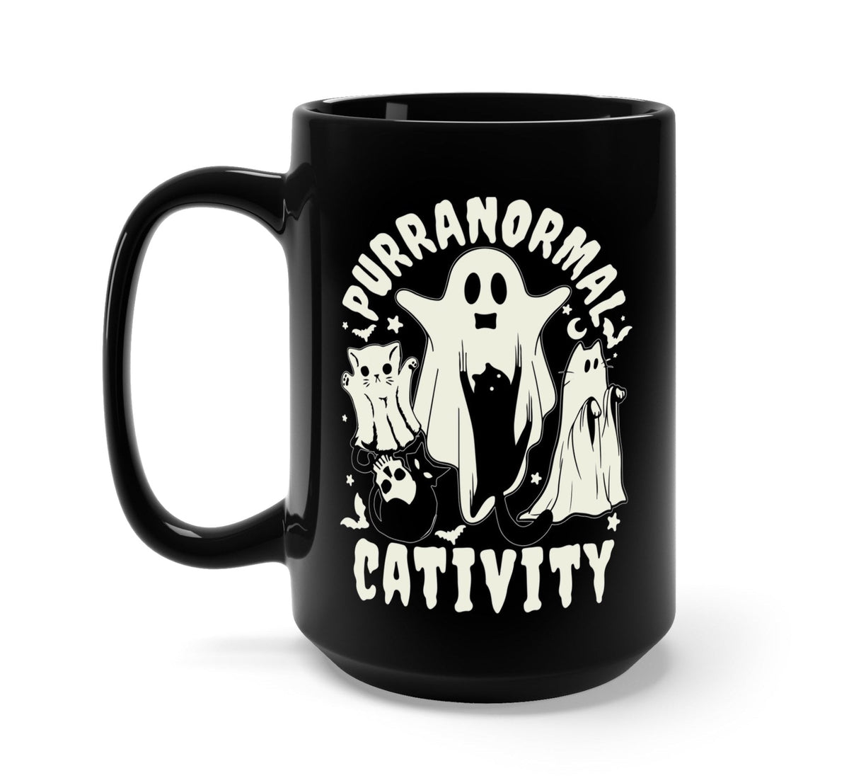 Funny "Purranormal Cativity Halloween" — Black Halloween mug with ghost cat graphic and Purranormal Cativity text