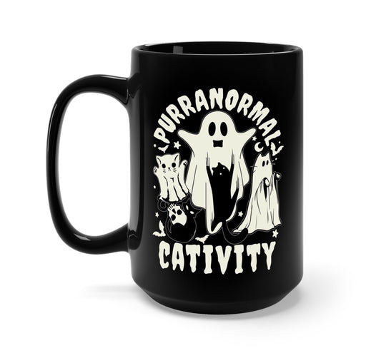 Funny "Purranormal Cativity Halloween" — Black Halloween mug with ghost cat graphic and Purranormal Cativity text