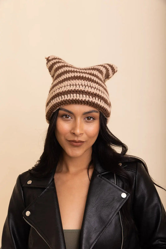 Purrfectly Cozy Cat Ear Crochet Beanie knit winter hat in Beige
