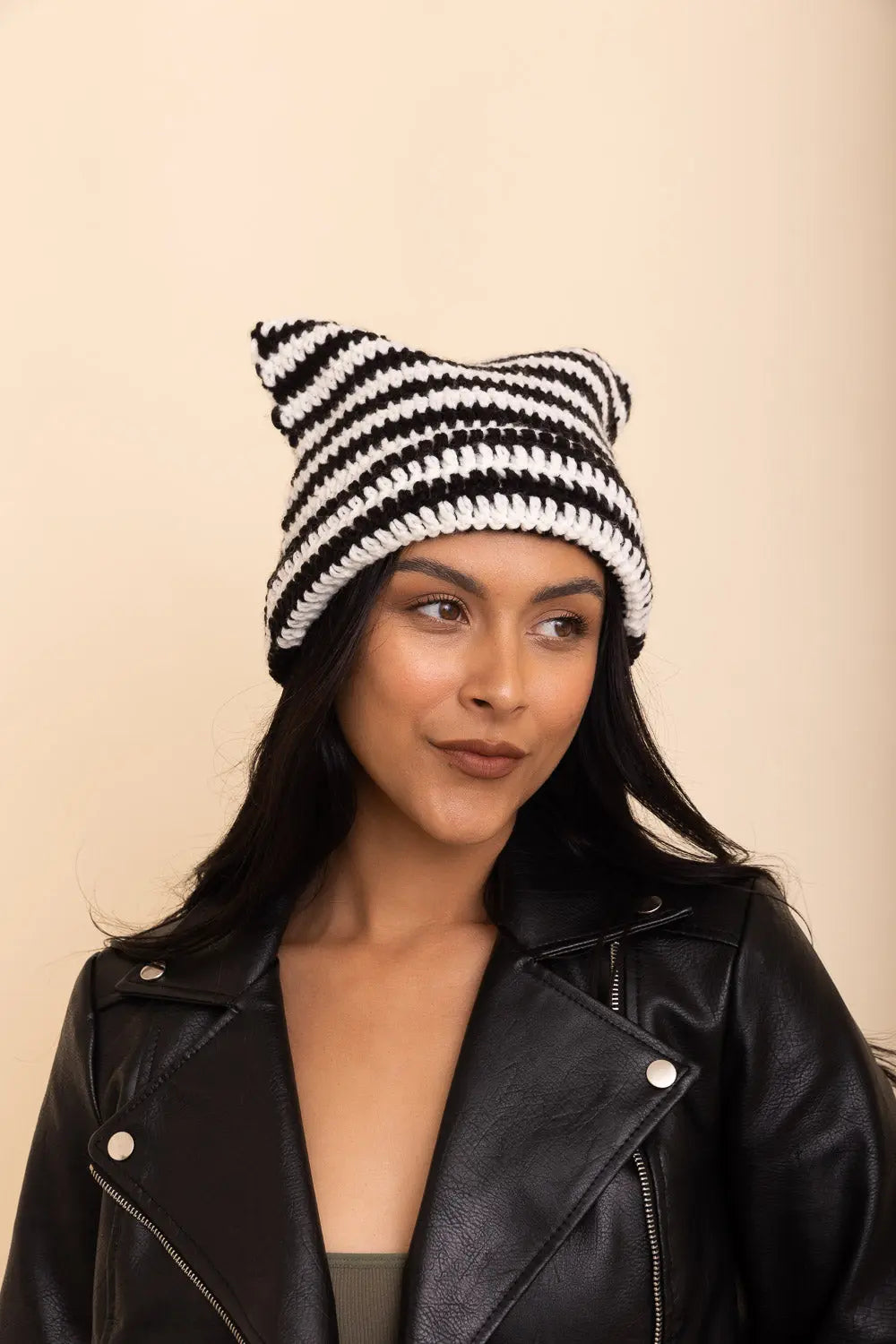 Purrfectly Cozy Cat Ear Crochet Beanie knit winter hat in Black