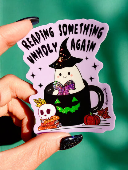 Funny Purple and black witch reading sticker with skull, pumpkin, text, and stars