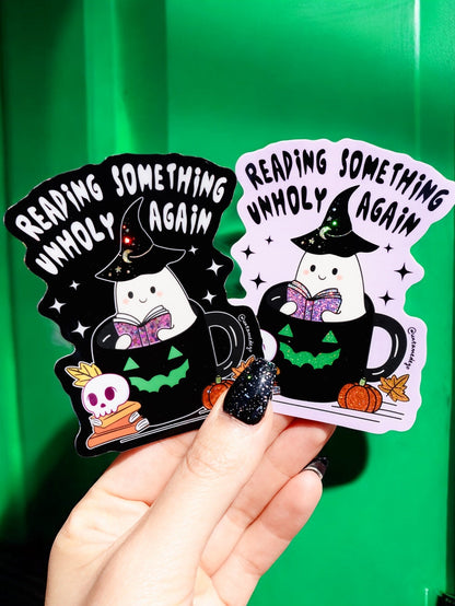 Funny Pair of witch reading stickers, black and purple, with skull, pumpkin, and text