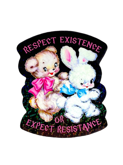 Funny Black die-cut sticker with bunny characters and pink 'Expect Resistance' text.