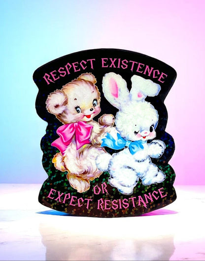 Funny Black die-cut sticker with bunny characters and pink 'Respect Existence' text.