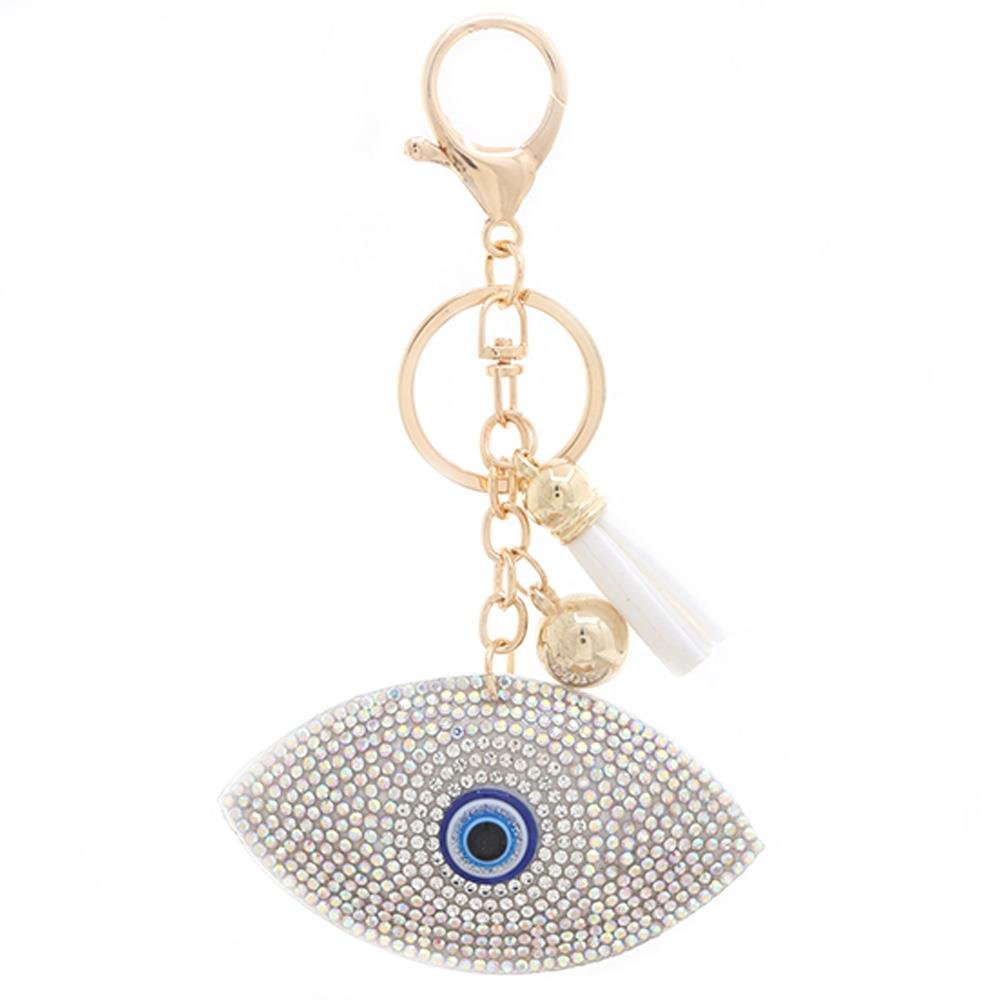 Funny Rhinestone evil eye keychain with blue center, gold chain and small tassel charm