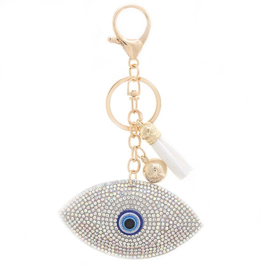 Funny Rhinestone evil eye keychain with blue center, gold chain and small tassel charm