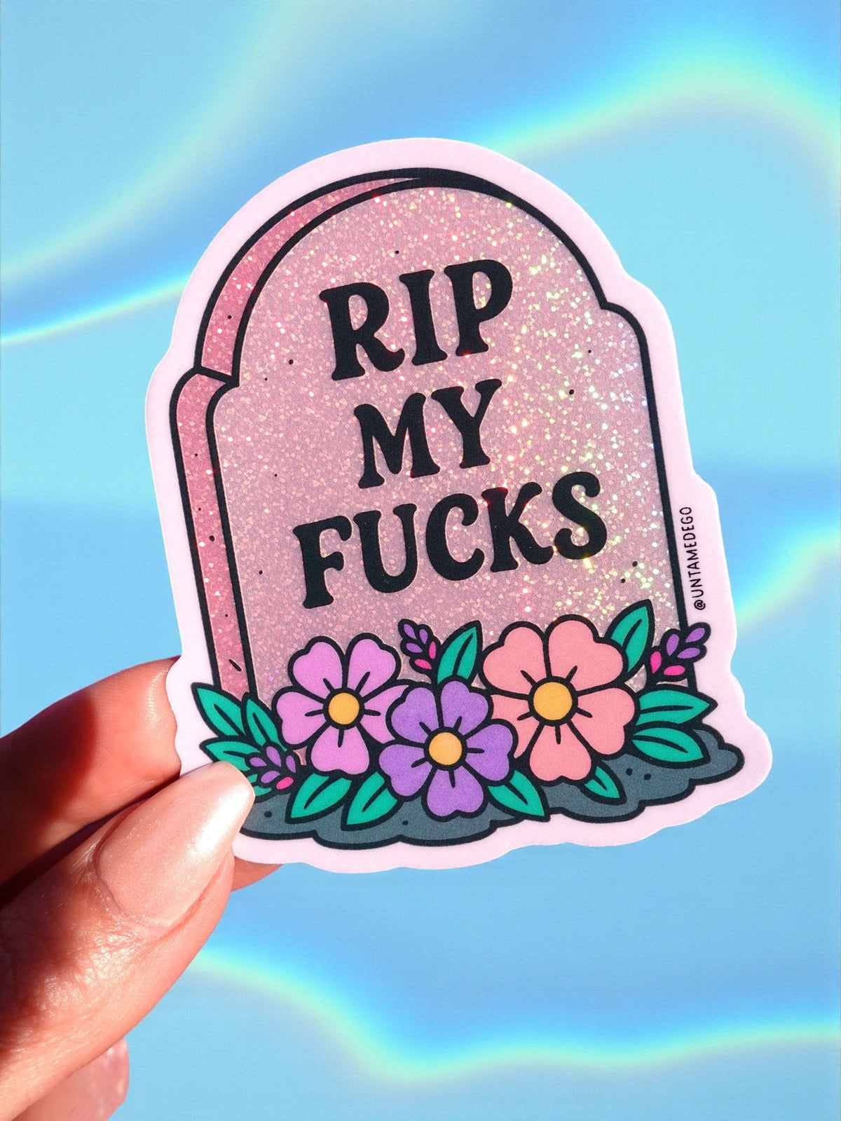 Funny RIP My Fucks sticker with glitter coffin, 'RIP MY FUCKS' text, and flowers