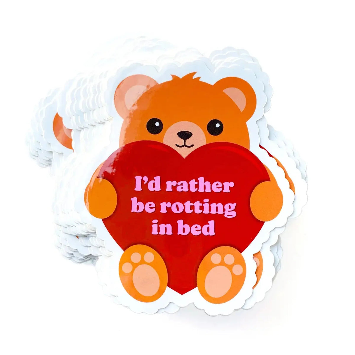 Funny Vinyl teddy bear heart sticker with 'I'd rather be rotting in bed' text