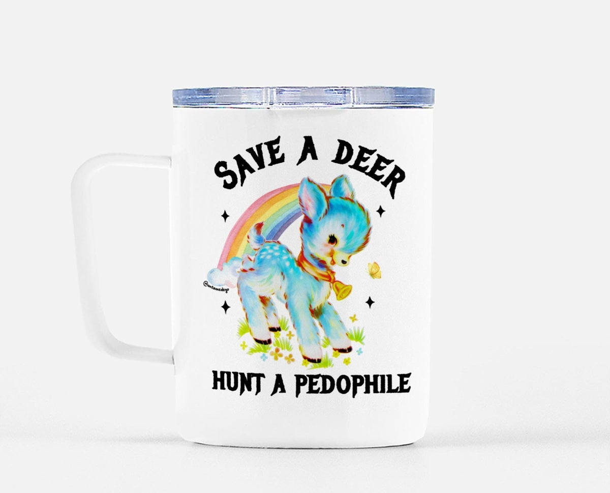 Funny "Save A Deer Hunt A Pedophile" — White travel mug with clear lid, colorful deer and rainbow graphic