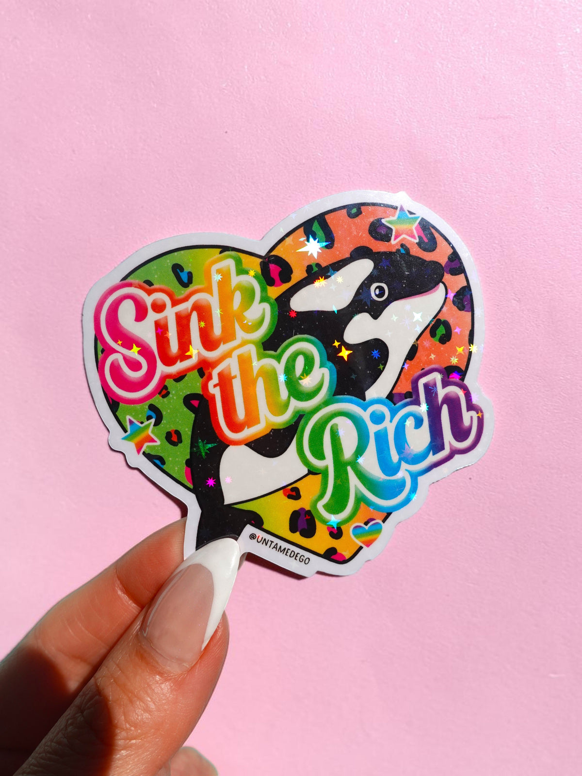Funny Round vinyl sticker with cartoon orca and text "Sink the Grinch"