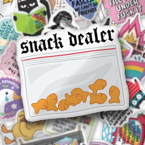 Custom-shaped Snack Dealer themed throw pillow with white snack pouch graphic
