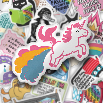 Custom-shaped unicorn pillow with pink-and-white unicorn and rainbow fart graphic