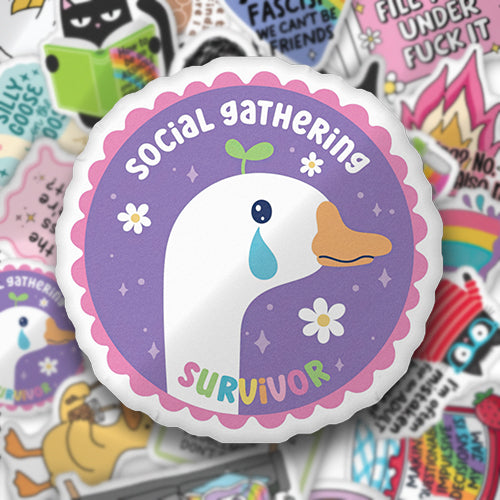 Custom-shaped purple pillow with scalloped edge, bird graphic, and 'Social gathering' text