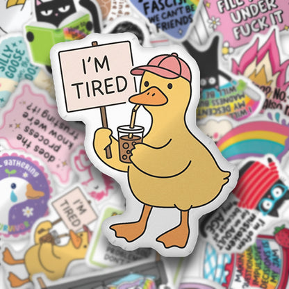 Custom-shaped I'm Tired duckling pillow with attached character badge illustration
