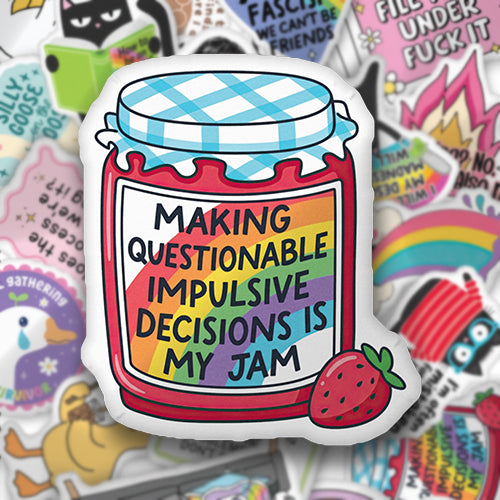 Custom-shaped pillow with cartoon jar graphic and text, red border, strawberry accent