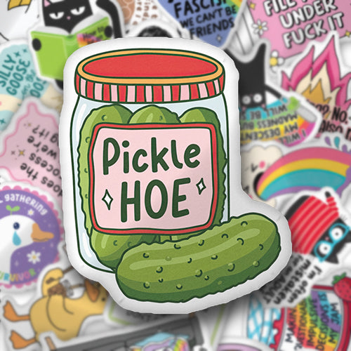 Custom-shaped throw pillow with green pickle illustration and “Pickle Hoe” text