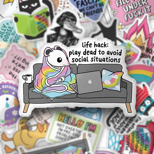 Custom-shaped throw pillow with cartoon skeleton on couch and bold life-hack text