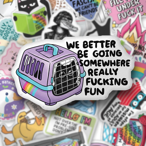 Custom-shaped graphic pillow: purple cat carrier illustration with bold black text