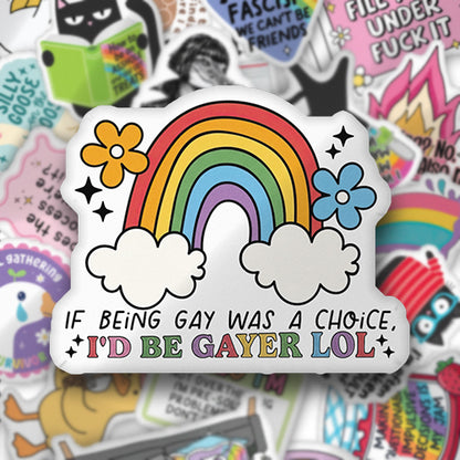 Custom-shaped pillow with rainbow, clouds, and flowers; text: 'I'd be gayer lol'.