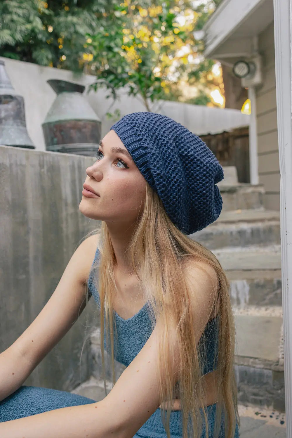Slouch Waffle Knit Beanie knit winter hat in Blue