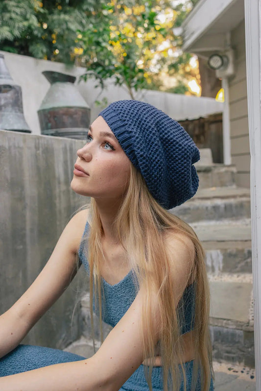 Slouch Waffle Knit Beanie knit winter hat in Blue