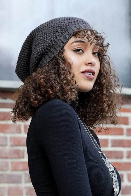 Slouch Waffle Knit Beanie knit winter hat in Gray