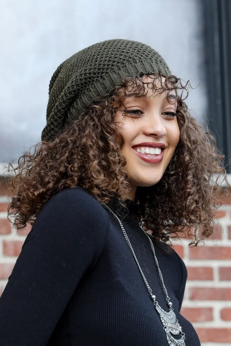 Slouch Waffle Knit Beanie knit winter hat in Olive