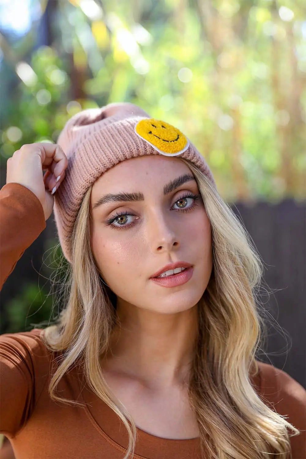 Smiley Face Ribbed Beanie knit winter hat in Beige