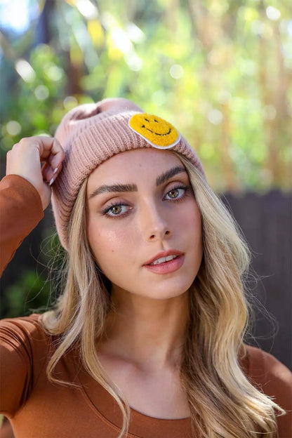 Smiley Face Ribbed Beanie knit winter hat in Beige