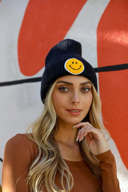 Smiley Face Ribbed Beanie knit winter hat in Black