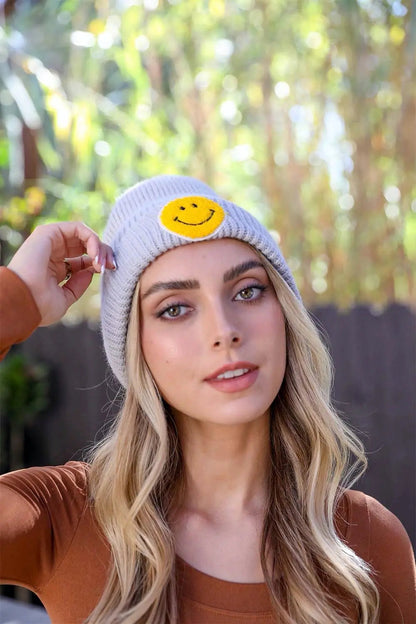 Smiley Face Ribbed Beanie knit winter hat in Gray