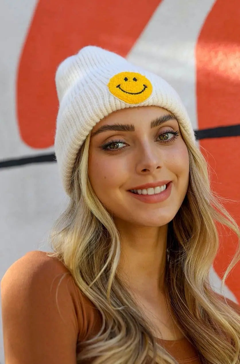 Smiley Face Ribbed Beanie knit winter hat in Ivory