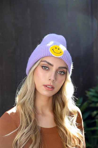 Smiley Face Ribbed Beanie knit winter hat in Lavender