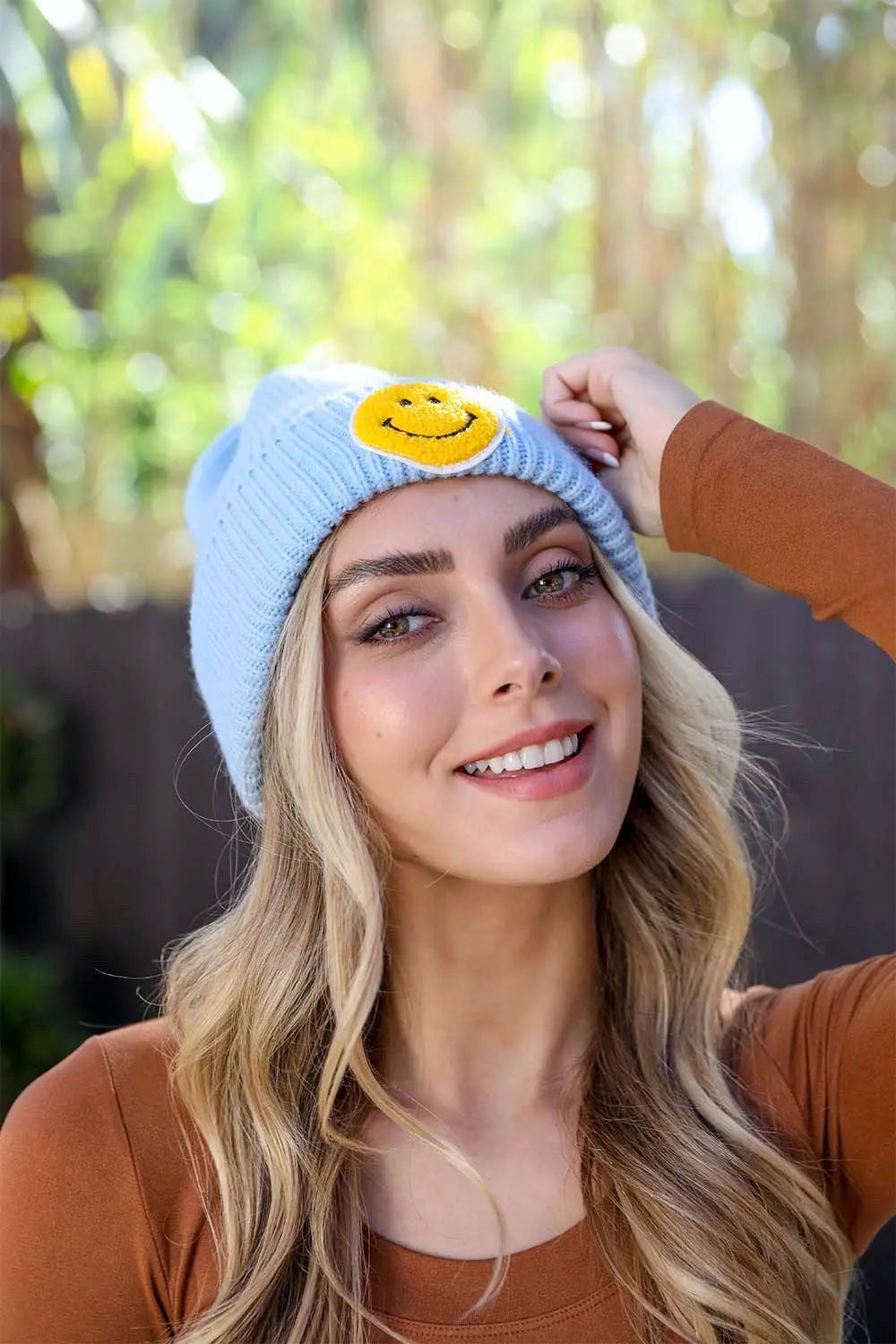 Smiley Face Ribbed Beanie knit winter hat in Light Blue