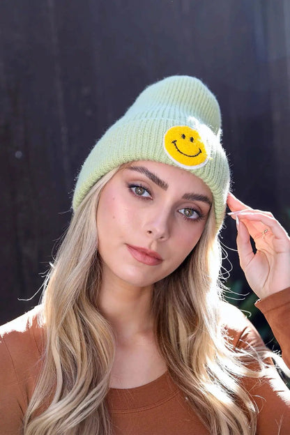 Smiley Face Ribbed Beanie knit winter hat in Mint