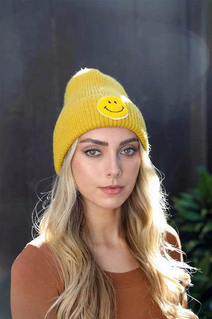 Smiley Face Ribbed Beanie knit winter hat in Mustard