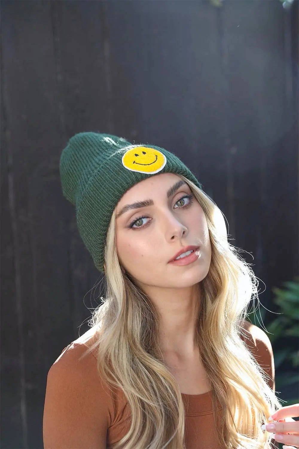 Smiley Face Ribbed Beanie knit winter hat in Olive