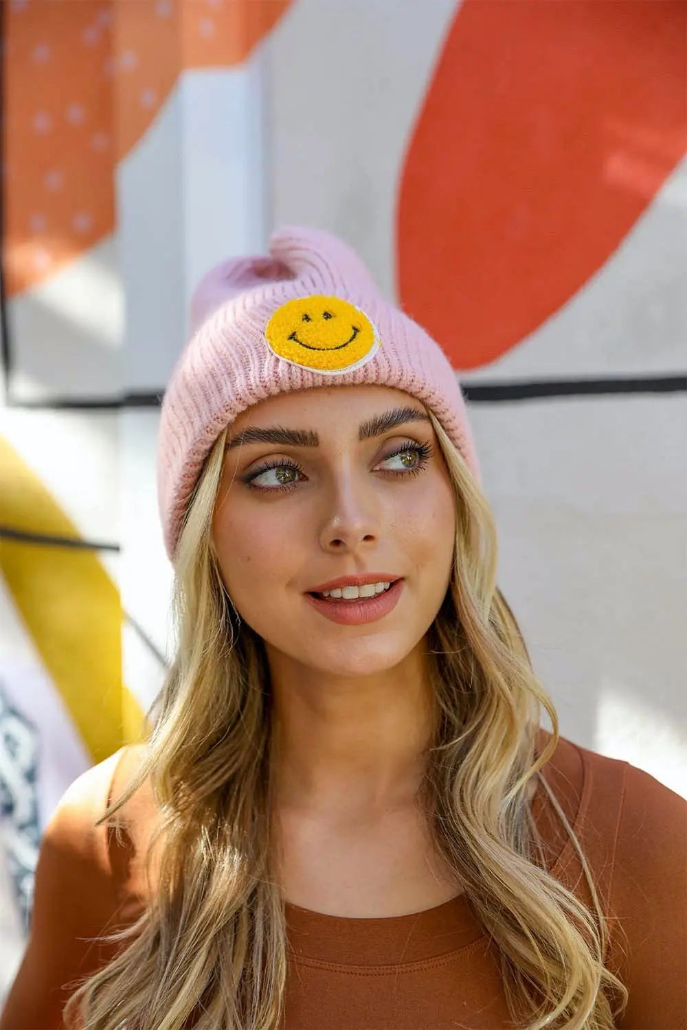 Smiley Face Ribbed Beanie knit winter hat in Pink