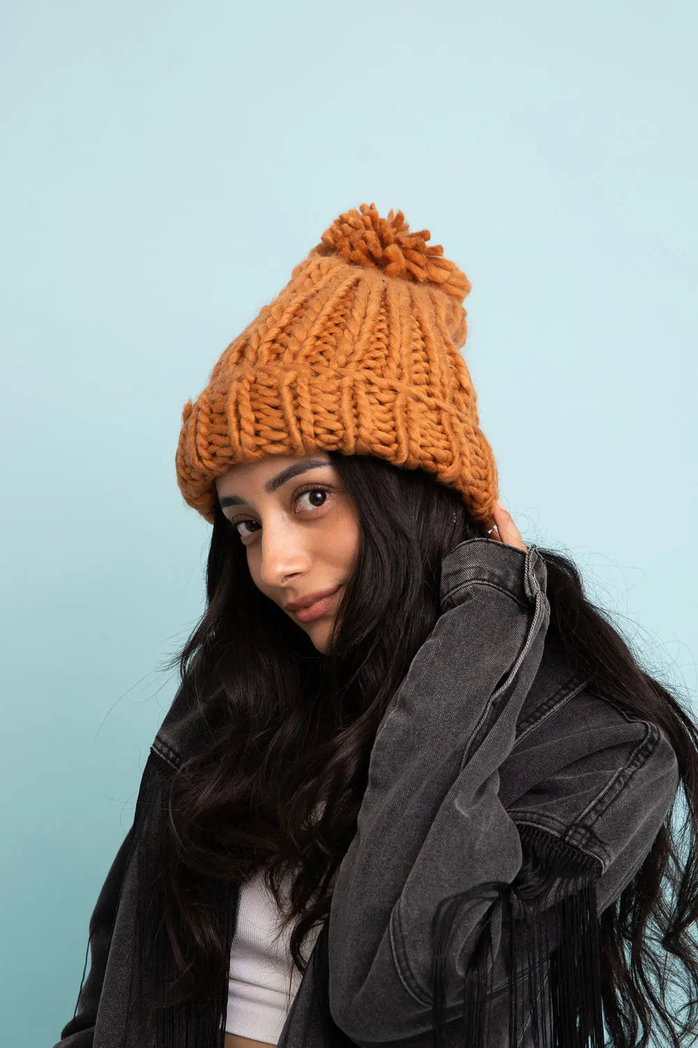 Soft Chunky Cable Knit Beanie knit winter hat in Camel