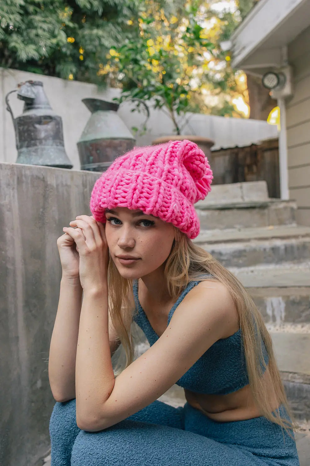 Soft Chunky Cable Knit Beanie knit winter hat in Hot Pink