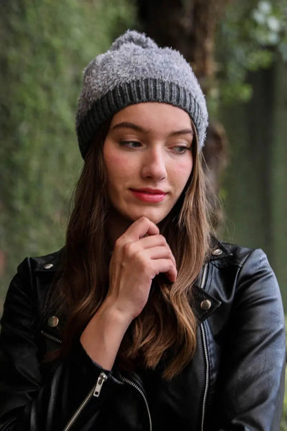 Soft Furry Pom Knit Beanie knit winter hat in Charcoal