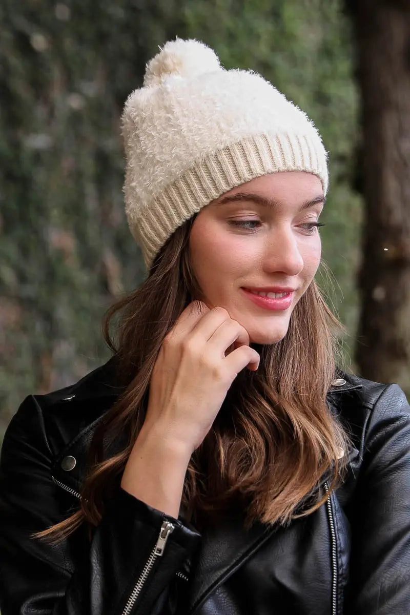 Soft Furry Pom Knit Beanie knit winter hat in Ivory