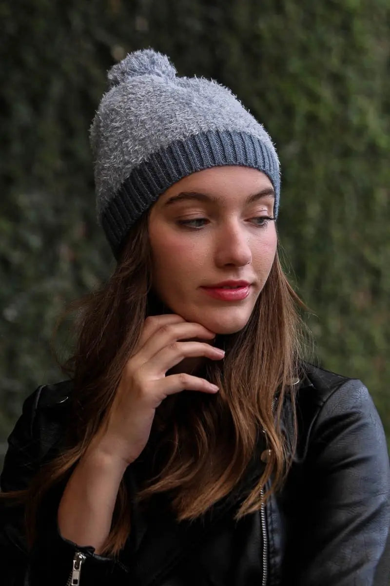 Soft Furry Pom Knit Beanie knit winter hat in Periwinkle